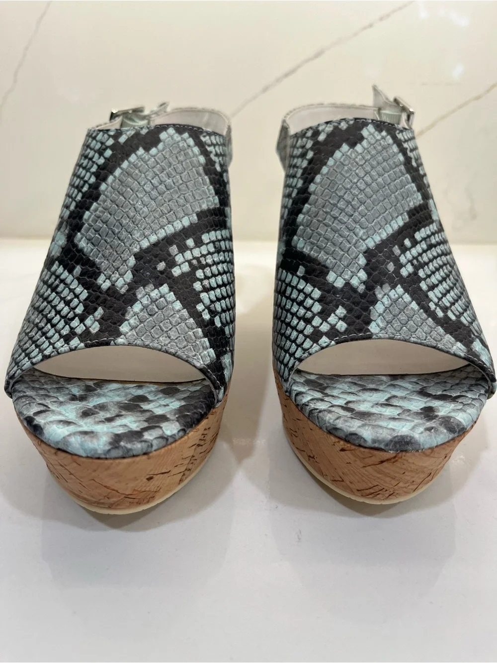 Donald J. Pliner Light Blue Snake-Print Cork Wedge Sandals